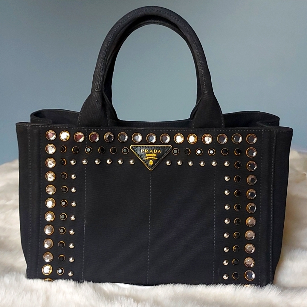 PRADA CANAPA CANVAS Logo-Print Small Tote Bag Studded Crystal Black